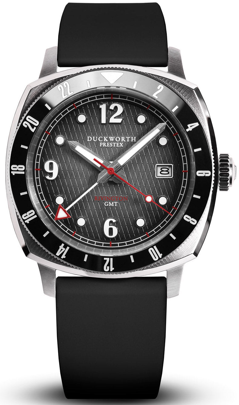 Duckworth Prestex Watch Rivington GMT Black Grey Fume Black Rubber