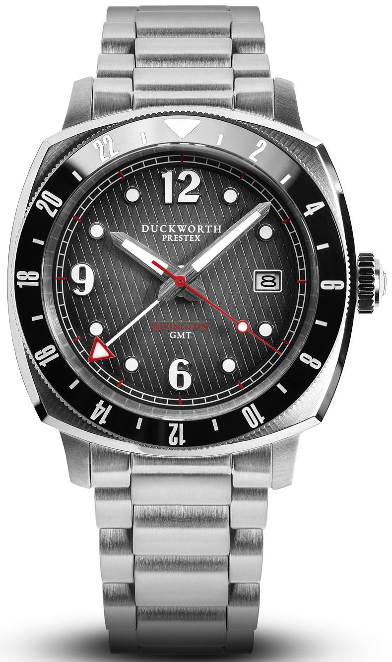 Duckworth Prestex Watch Rivington GMT Black Grey Fume Steel Bracelet