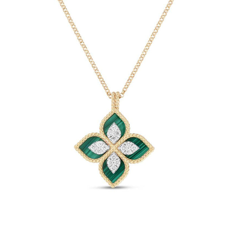 Roberto Coin Princess Flower 18ct Yellow Gold Diamond Malachite Necklace - Yellow Gold