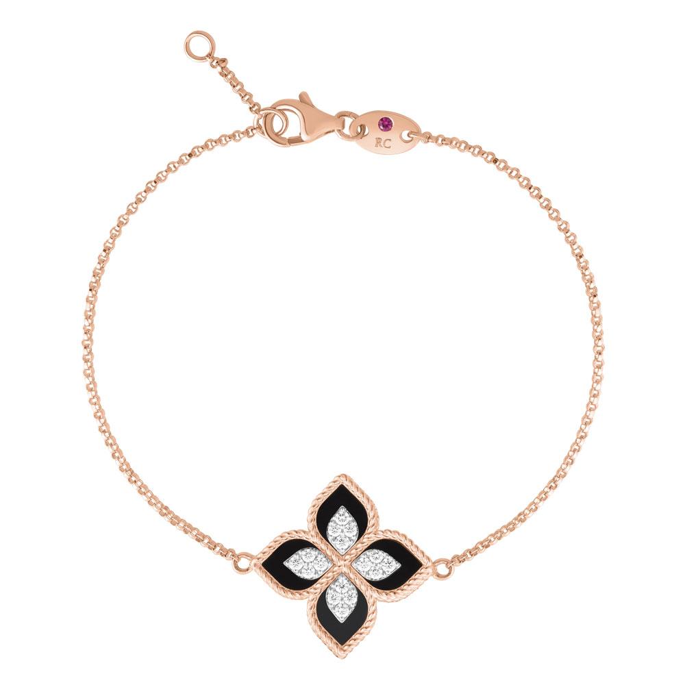 Roberto Coin Princess Flower 18ct Rose Gold Diamond Black Jade Bracelet