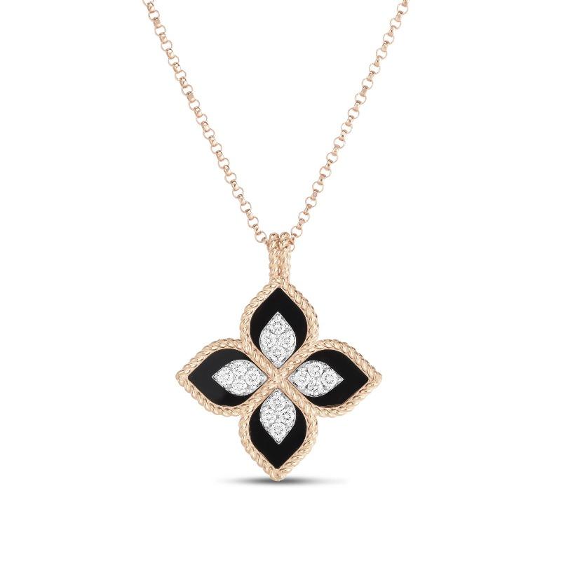 Roberto Coin Princess Flower 18ct Rose Gold Diamond Black Jade Necklace