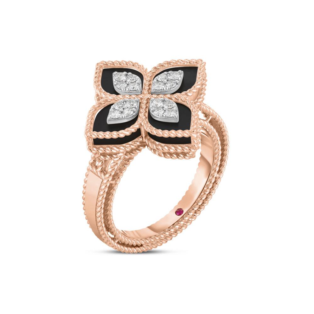 Roberto Coin Princess Flower 18ct Rose Gold Diamond Black Jade Ring - 15-(55)