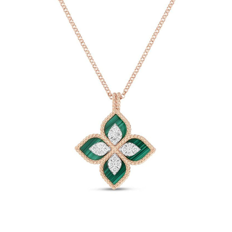 Roberto Coin Princess Flower 18ct Rose Gold Diamond Malachite Necklace