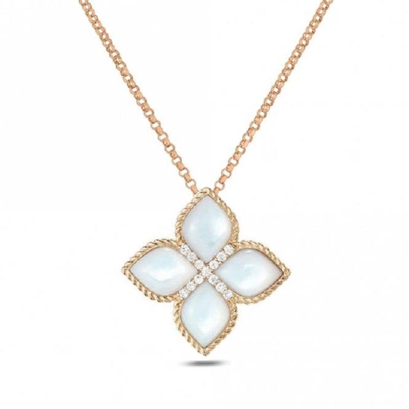 Roberto Coin Princess Flower 18ct Rose Gold Diamond Mother of Pearl Large Pendant