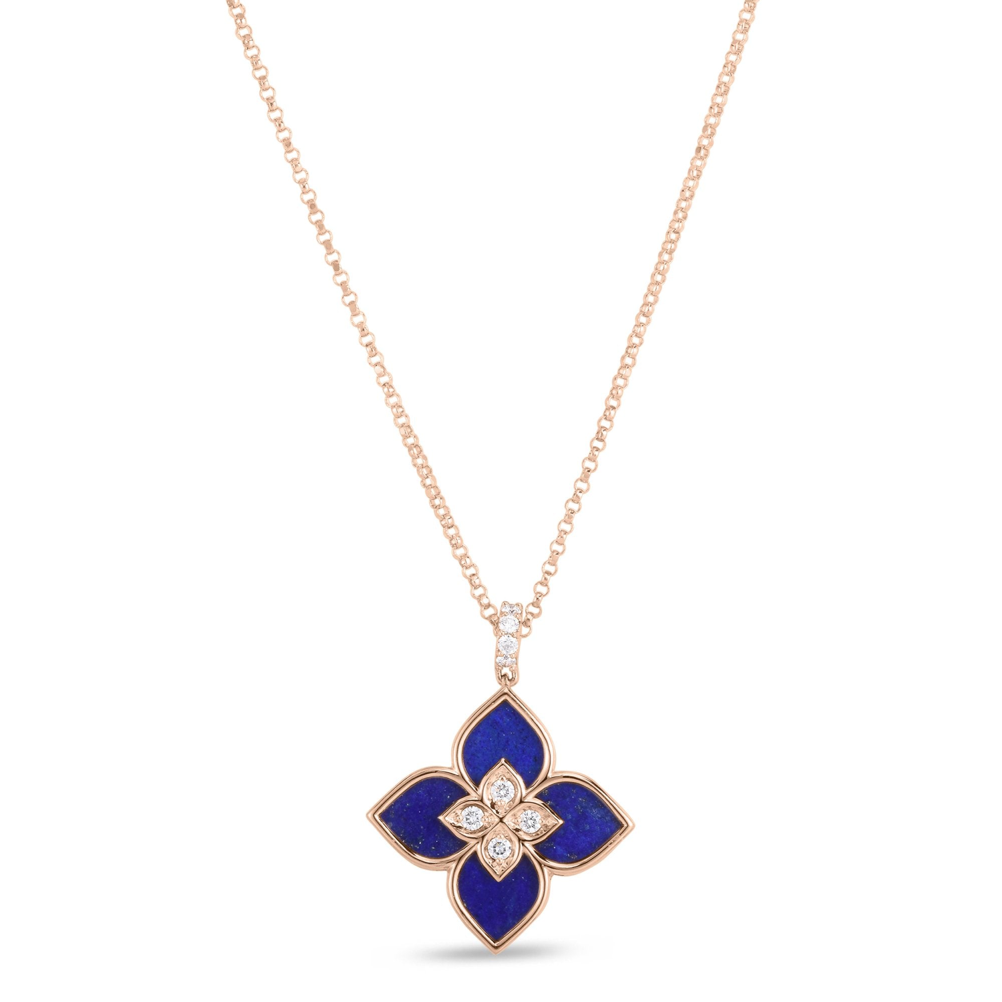 Roberto Coin Venetian Princess 18ct Rose Gold Diamond Lapis Lazuli Pendant Necklace