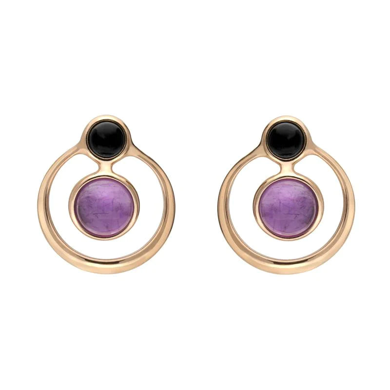 Rose Gold Plated Sterling Silver Whitby Jet Amethyst Open Circle Stud Earrings