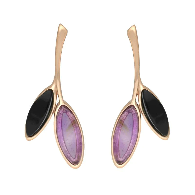 Rose Gold Plated Sterling Silver Whitby Jet Amethyst Leaf Drop Stud Earrings - Silver