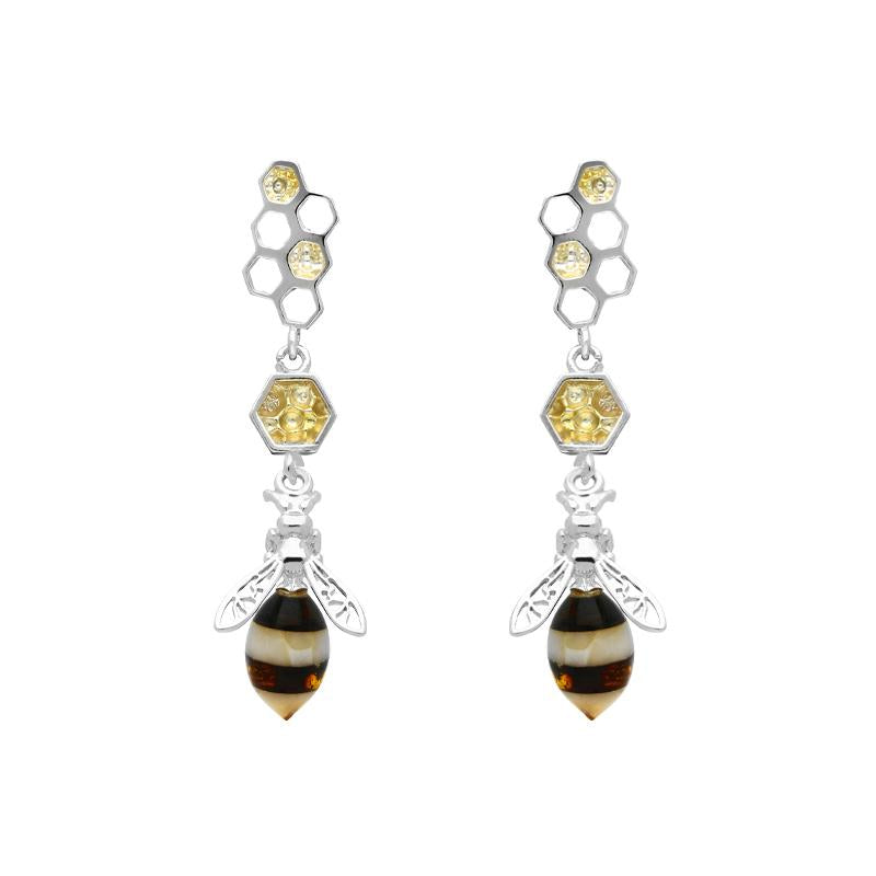Yellow Gold Plated Sterling Silver Amber Bee and Honeycomb Earrings