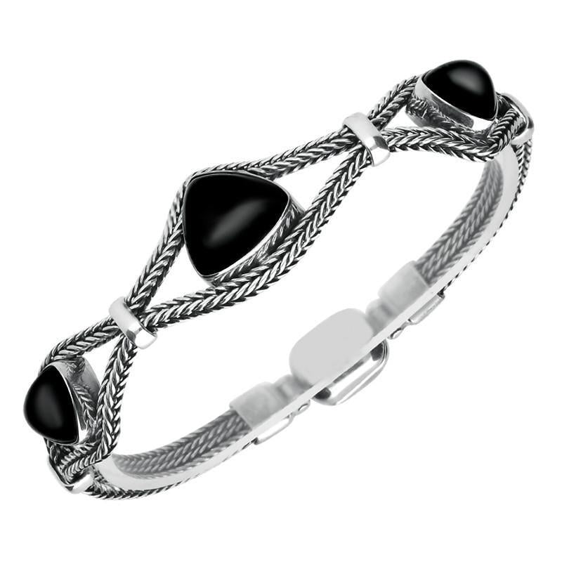 Sterling Silver Whitby Jet Foxtail Three Stone Triangle Bracelet D - Option1 Value Silver