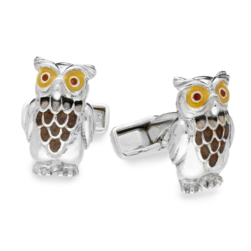Saturno Sterling Silver Enamel Owl Cufflinks