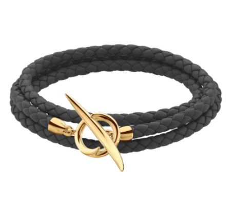 Shaun Leane Quill 18ct Yellow Gold Plated Sterling Silver Black Leather Wrap Bracelet - S