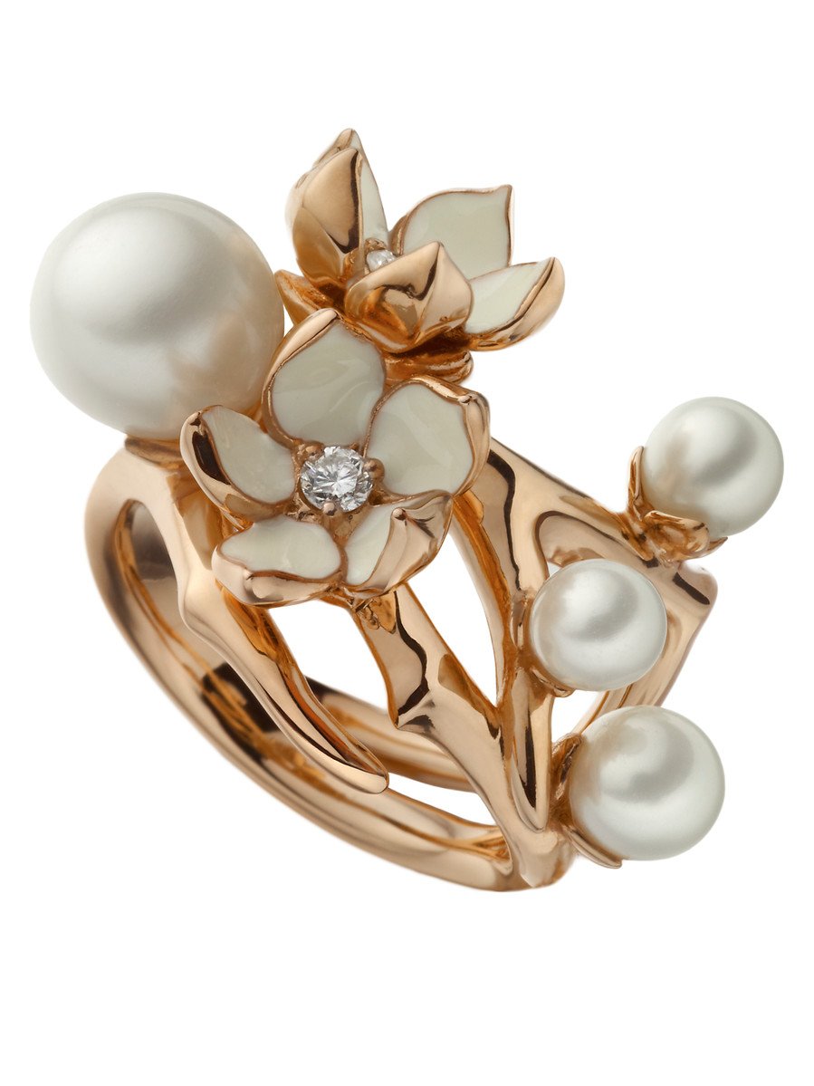 Shaun Leane Cherry Blossom 18ct Rose Gold Plated Sterling Silver 0.10ct Diamond Pearl Flower Ring - J