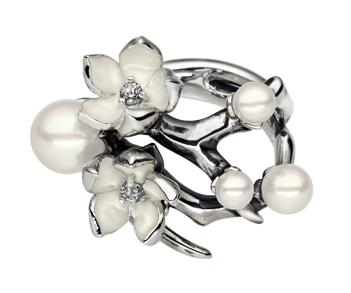 Shaun Leane Cherry Blossom Sterling Silver 0.10ct Diamond Pearl Flower Ring - J