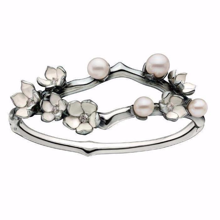 Shaun Leane Cherry Blossom Sterling Silver 0.34ct Diamond Pearl Bangle - Silver