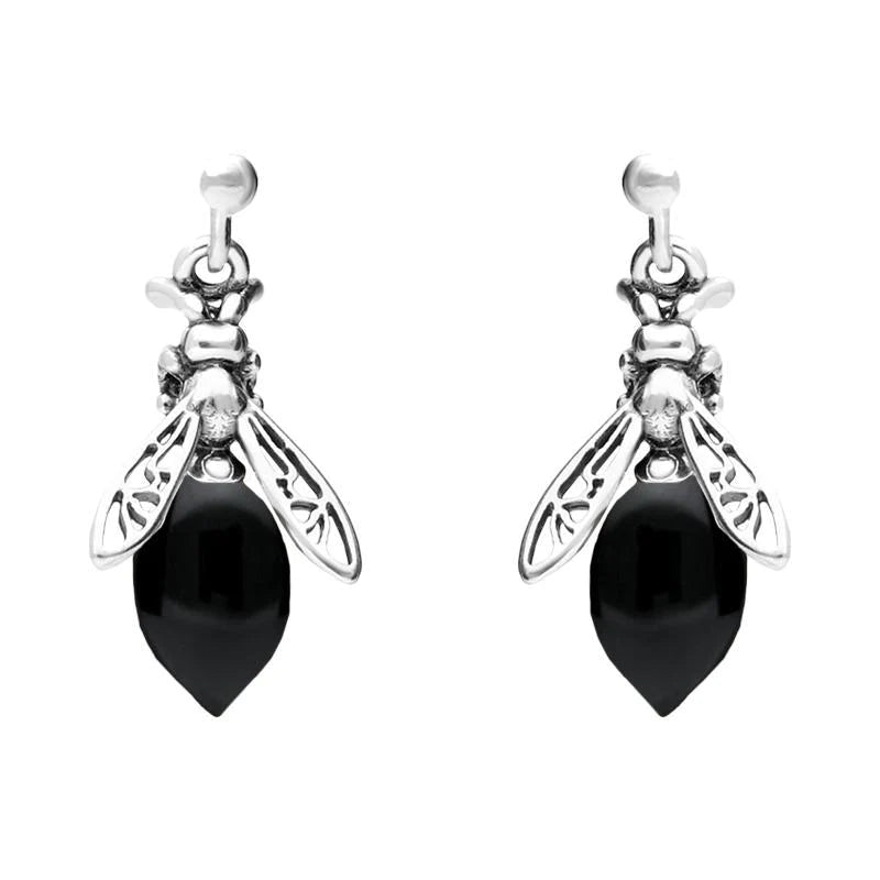 Sterling Silver Whitby Jet Small Bee Drop Earrings
