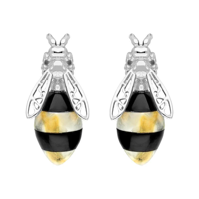 Sterling Silver Whitby Jet Amber Bee Stud Earrings