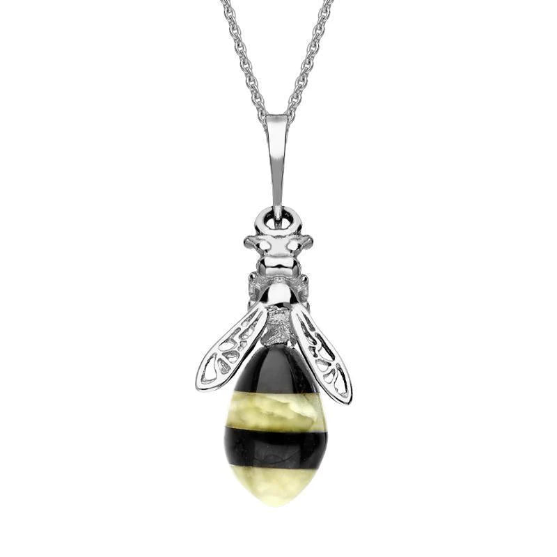 Sterling Silver Whitby Jet Amber Bee Drop Necklace