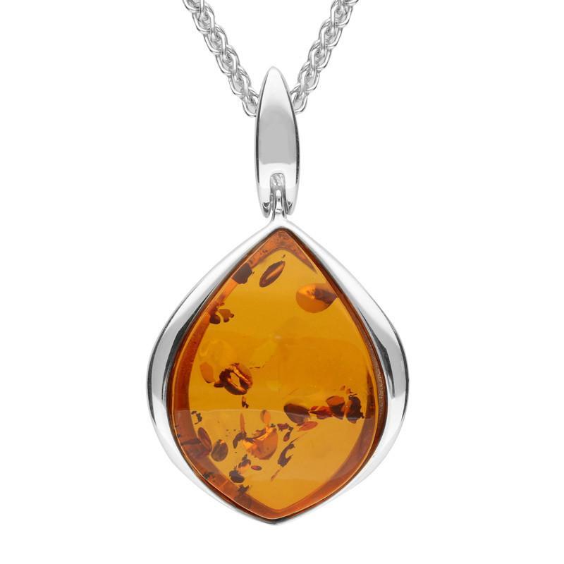 Sterling Silver Amber Pear Drop Necklace - Silver