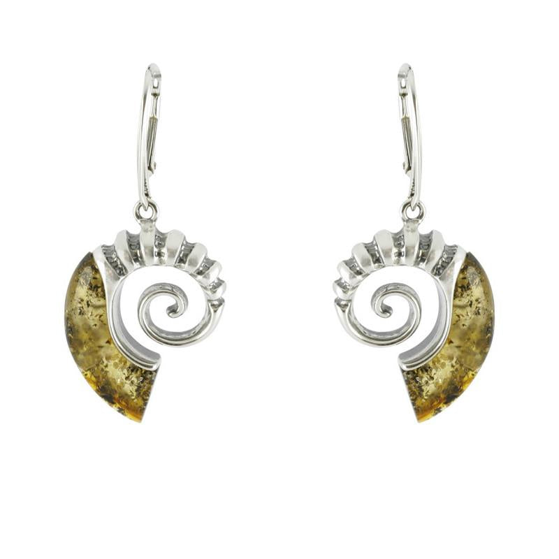 Sterling Silver Baltic Amber Shell Drop Earrings - Silver