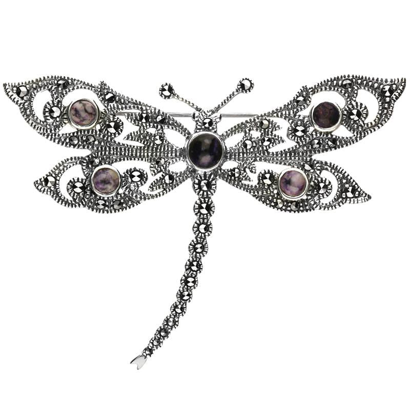 Sterling Silver Blue John Marcasite Five Stone House Style Dragonfly Brooch - Silver