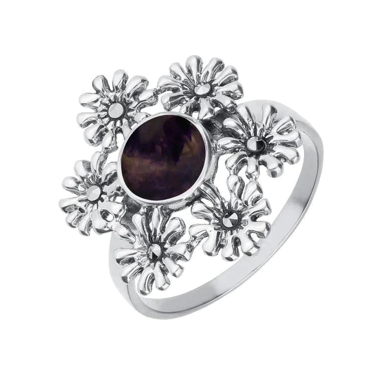 Sterling Silver Blue John Marcasite Flower Ring - Silver