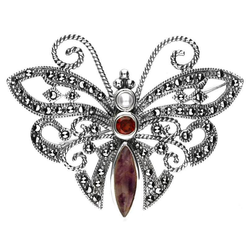Sterling Silver Blue John Marcasite Garnet Pearl House Style Butterfly Brooch - Silver