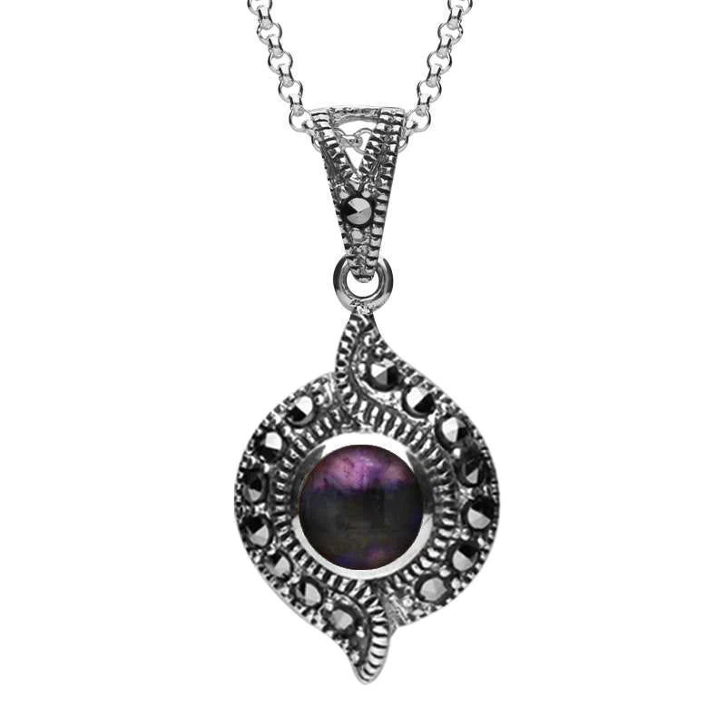 Sterling Silver Blue John Marcasite Twisted Round Pendant Necklace - Silver