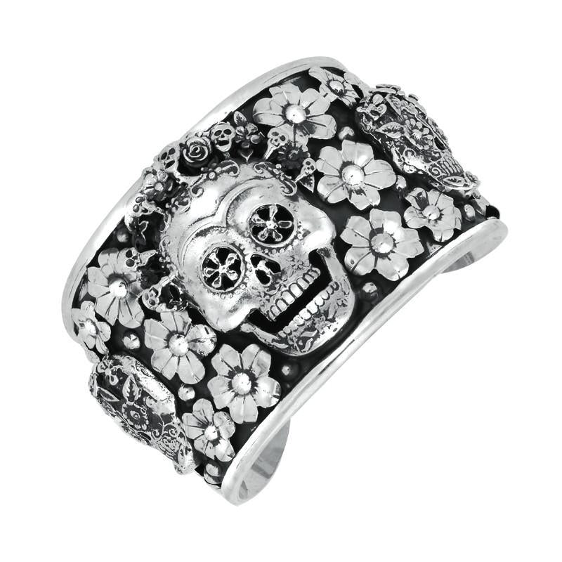 Sterling Silver Day Of The Dead Skull Flowers Wide Cuff Bangle - Silver