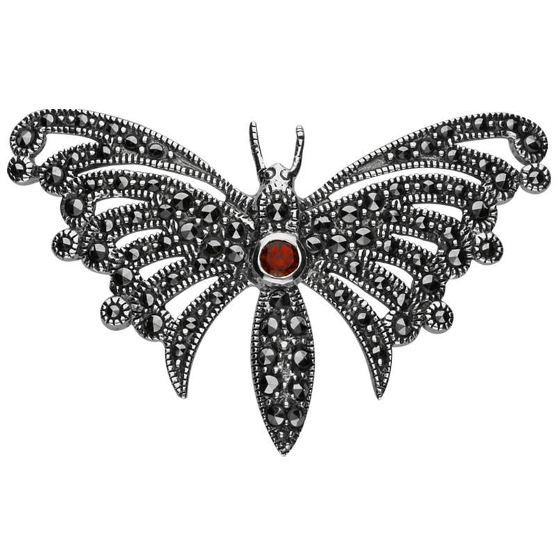 Sterling Silver Marcasite Garnet House Style Butterfly Brooch - Silver