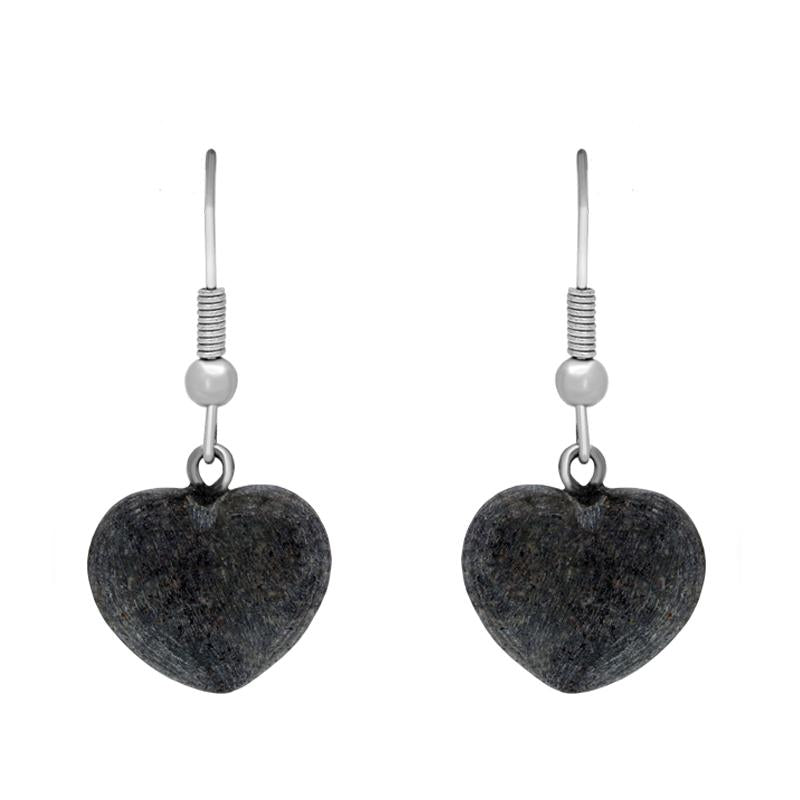 Silver Plate Preseli Bluestone Carved Heart Hook Drop Earrings