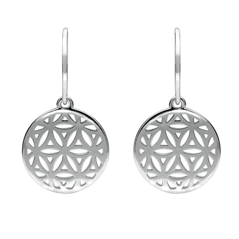 Sterling Silver Round Pierced Disc Hook Drop Earrings - Silver