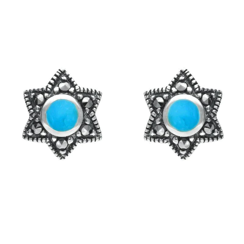 Sterling Silver Turquoise Marcasite Six Point Star Stud Earrings - Silver