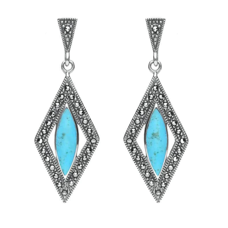 Sterling Silver Turquoise Marcasite Diamond Shaped Earrings - Silver