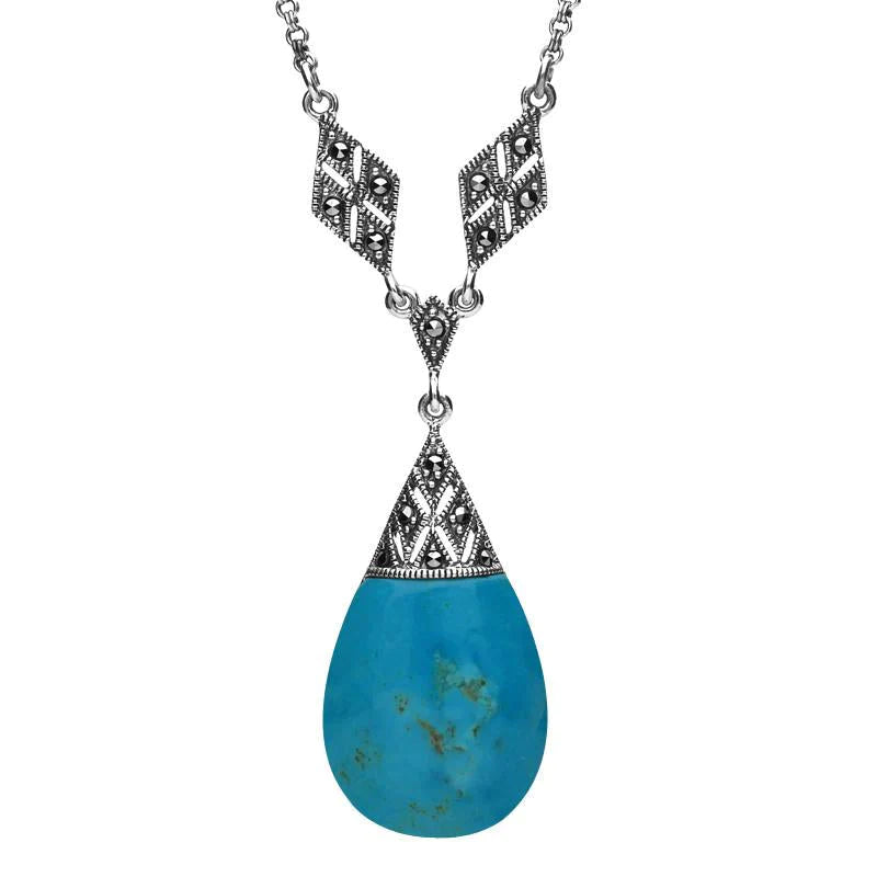 Sterling Silver Turquoise Marcasite Pear Drop Necklace - Silver