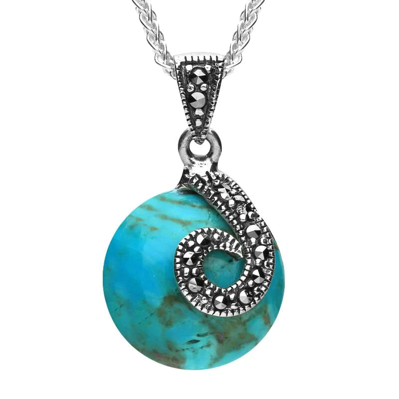 Sterling Silver Turquoise Marcasite Spiral Top Round Necklace - Silver