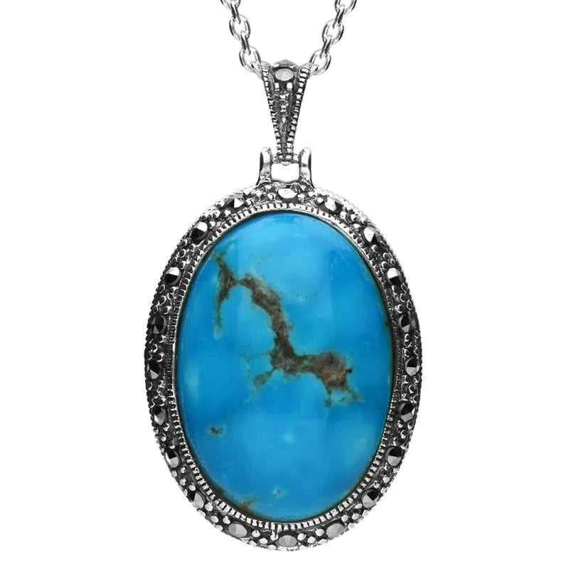 Sterling Silver Turquoise Marcasite Star Back Oval Pendant Necklace - Silver