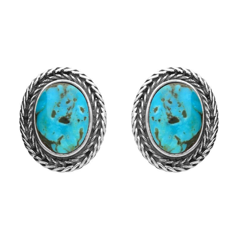 Sterling Silver Turquoise Oval Foxtail Stud Earrings - Silver