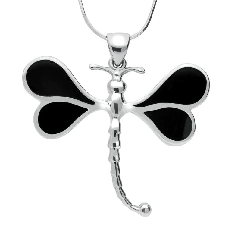 Sterling Silver Whitby Jet Four Stone Dragonfly Necklace