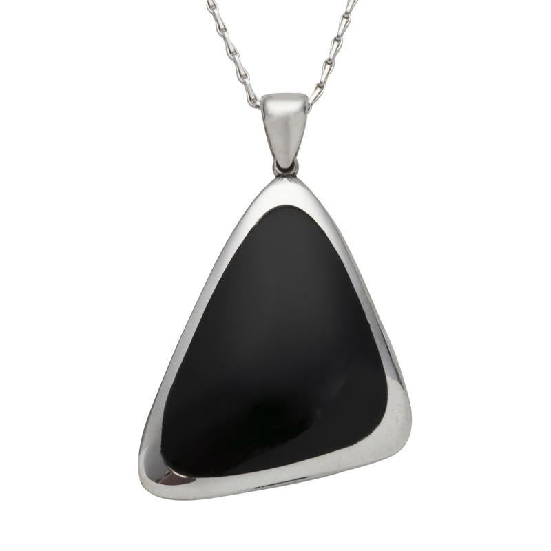 Sterling Silver Whitby Jet Abstract Curved Triangle Shaped Necklace - Silver