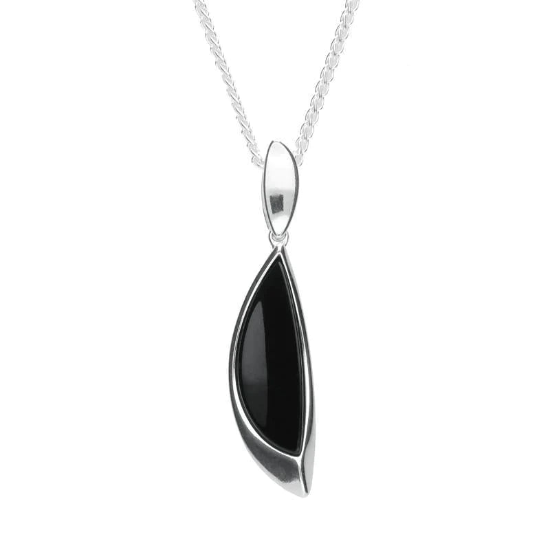 Sterling Silver Whitby Jet Abstract Pear Drop Necklace - Silver