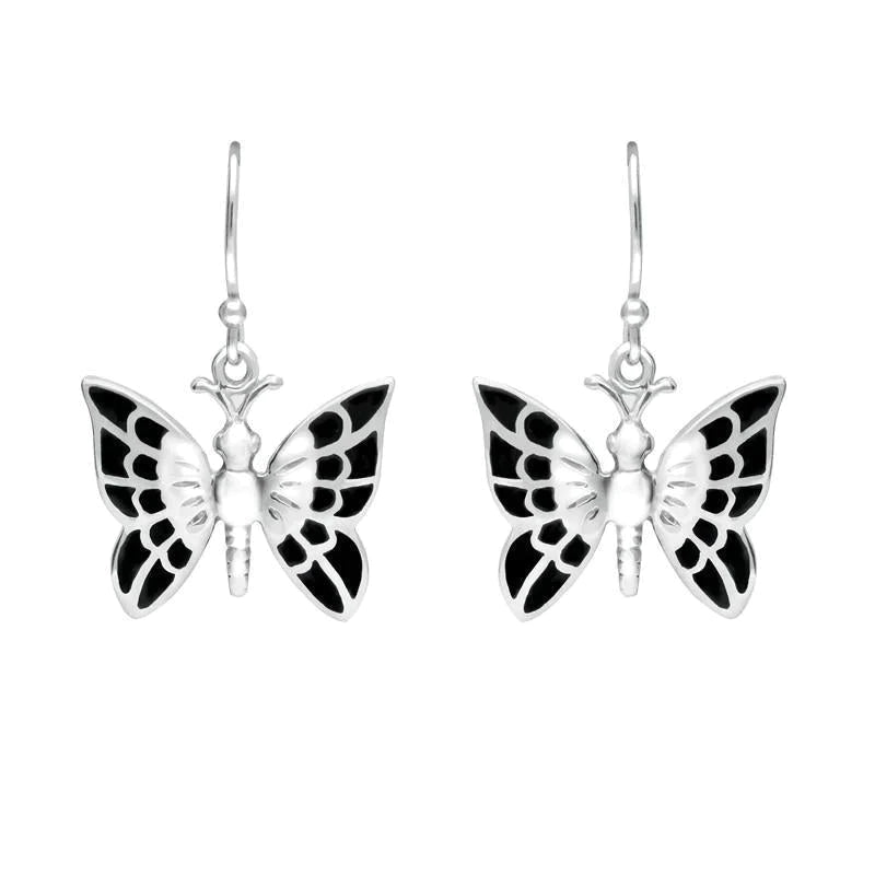 Sterling Silver Whitby Jet Butterfly Drop Earrings - Silver