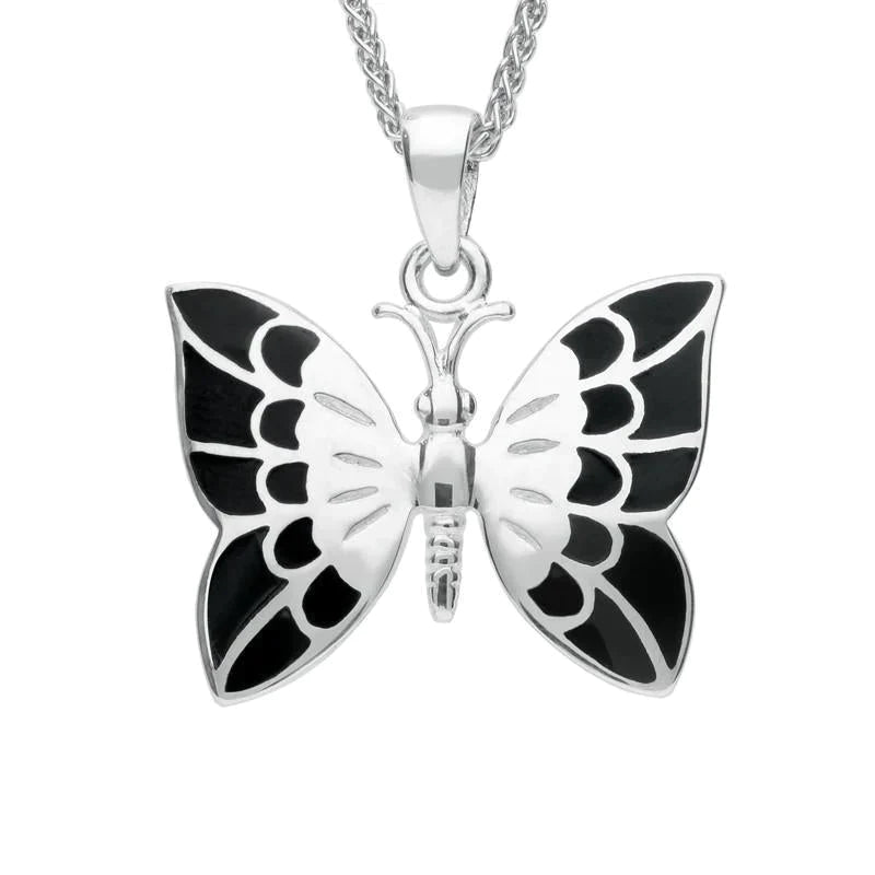 Sterling Silver Whitby Jet Butterfly Necklace - Silver
