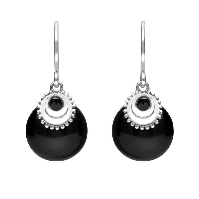 Sterling Silver Whitby Jet Button Cap Drop Earrings - Option1 Value Silver