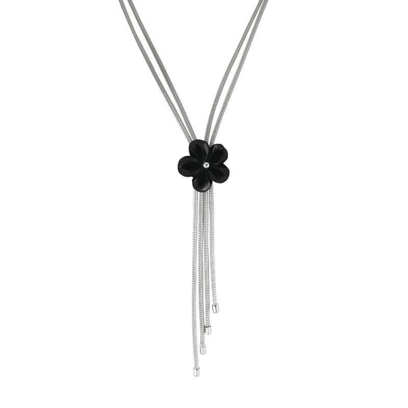 Sterling Silver Whitby Jet Carved Flower Necklace - Silver