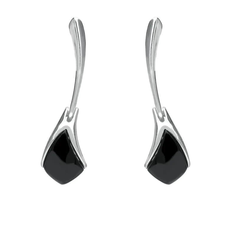 Sterling Silver Whitby Jet Curved Tapered Drop Earrings - Silver