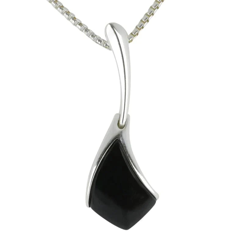 Sterling Silver Whitby Jet Curved Tapered Drop Necklace - Silver