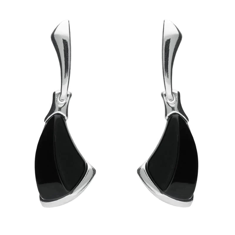 Sterling Silver Whitby Jet Curved Triangle Drop Earrings - Silver
