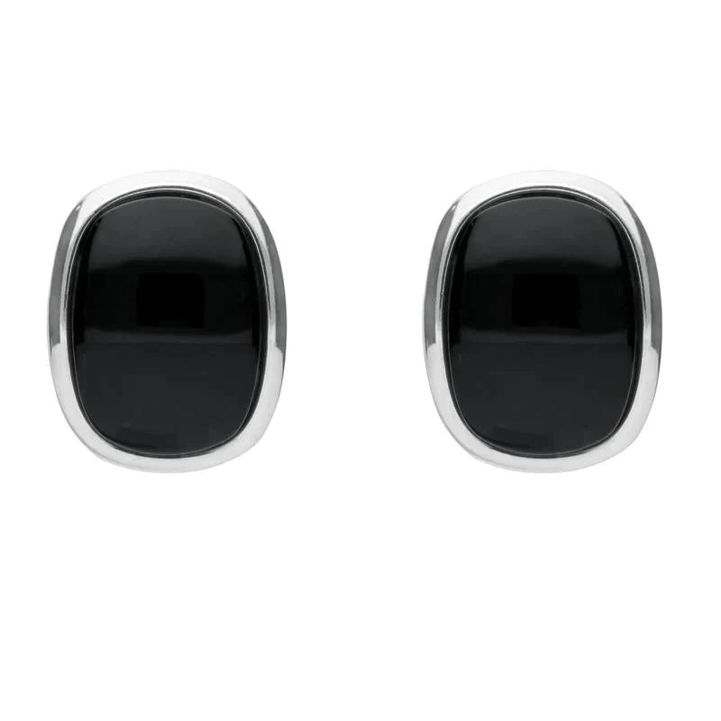 Sterling Silver Whitby Jet Curved Wide Oblong Stud Earrings. - Silver