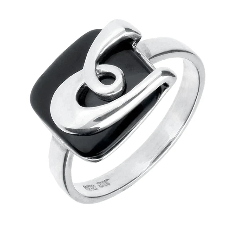 Sterling Silver Whitby Jet Cushion Pattern Ring - Silver