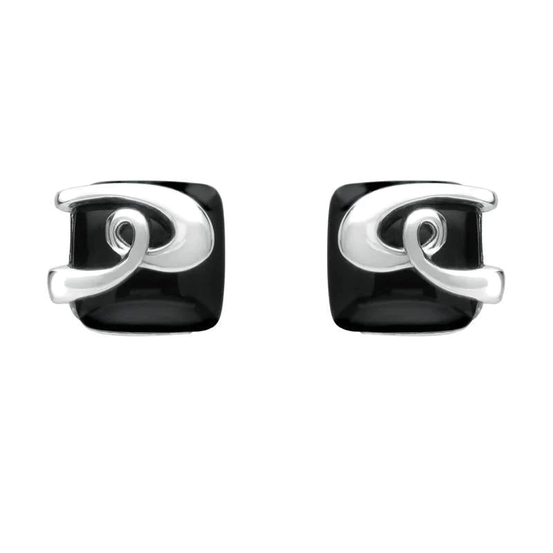 Sterling Silver Whitby Jet Cushion Pattern Stud Earrings - Silver